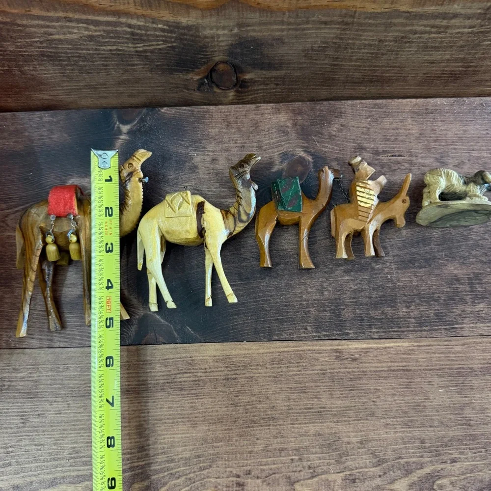 Vintage Hand Carved Olive Wood Nativity Animal Figurines Set of 5 Camels Donkey
